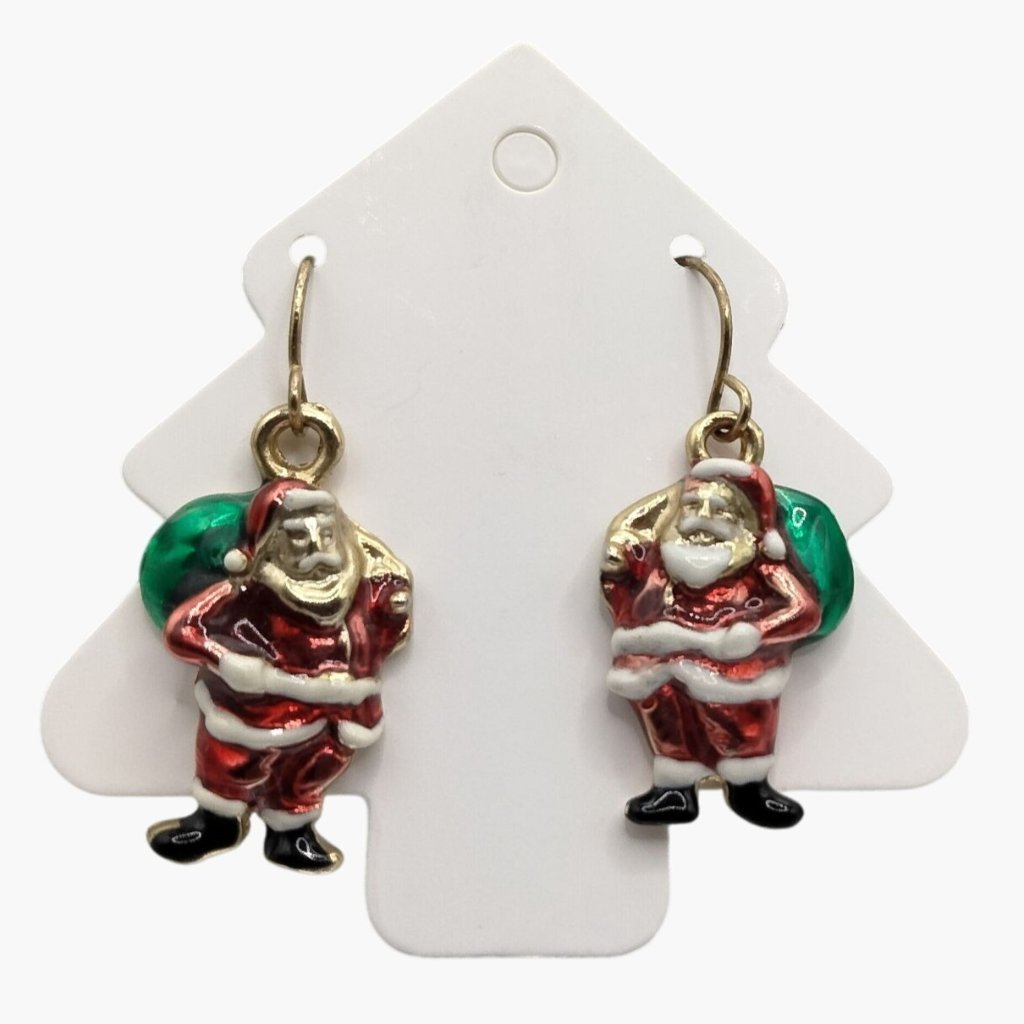 Santa Claus Dangle Earrings Red Green Enamel Gold Tone Christmas Jewelry 12$